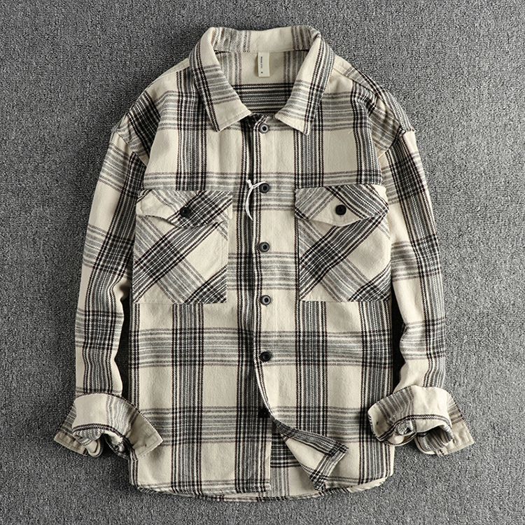 GrogeousBen  Men's Winter new American retro trend thickened plaid long-sleeved shirt for men, with workwear pocket design, casual outerwear.