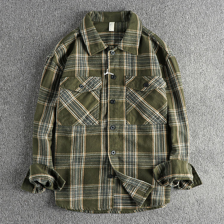 GrogeousBen  Men's Winter new American retro trend thickened plaid long-sleeved shirt for men, with workwear pocket design, casual outerwear.