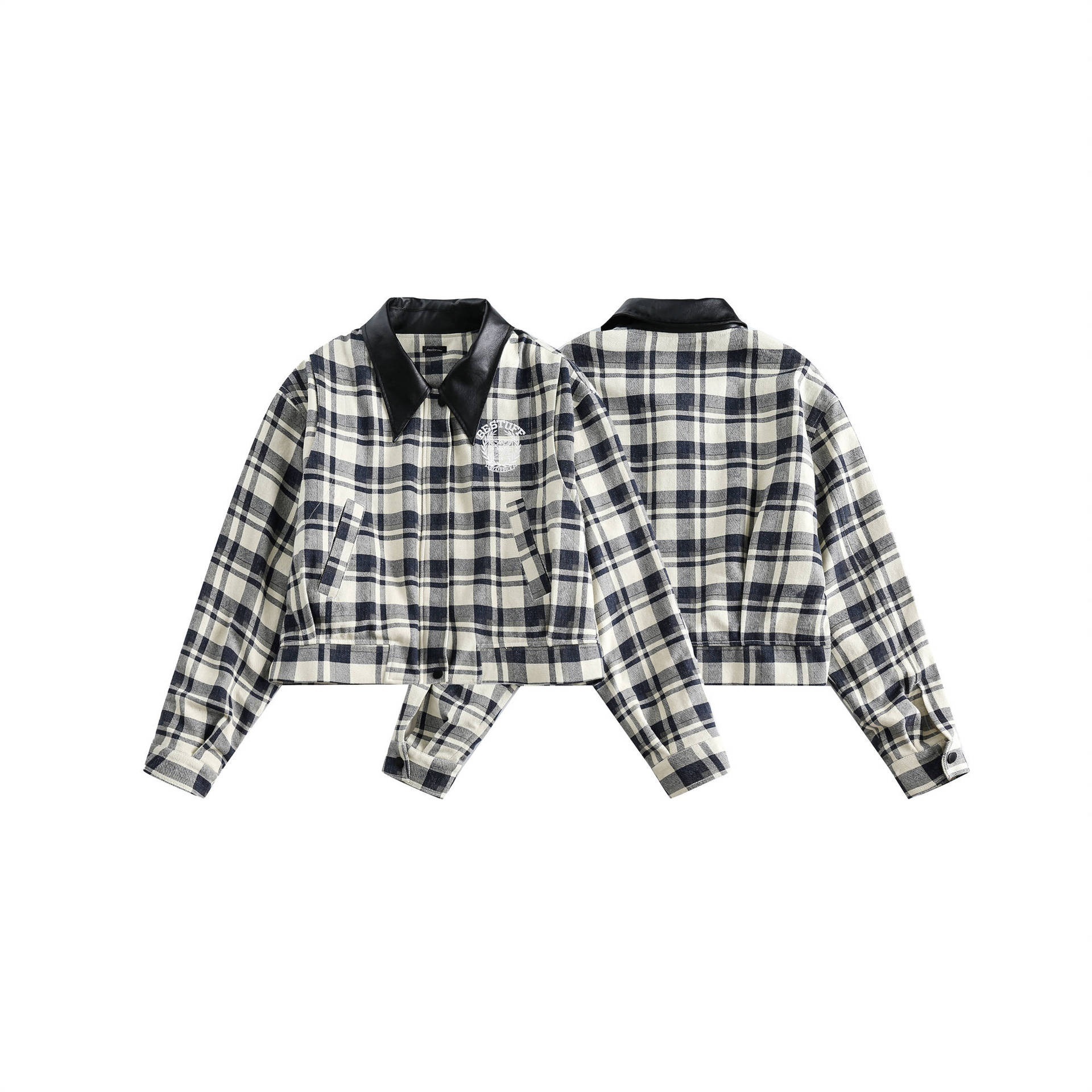 GrogeousBen   Women's 2024 retro college style embroidered plaid short jacket for women, loose-fitting solid color versatile casual jacket.