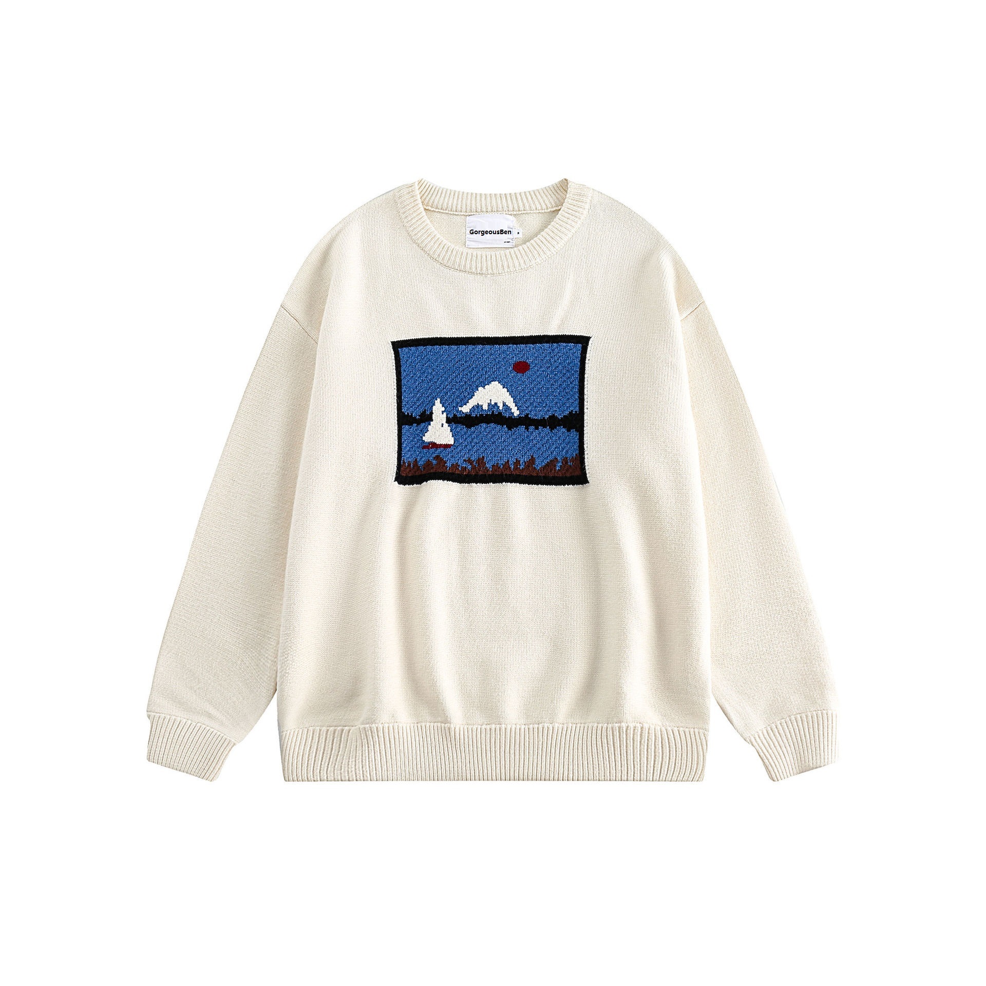 GrogeousBen  Unisex Autumn and winter retro floral snow mountain jacquard round neck loose small fresh pullover sweater
