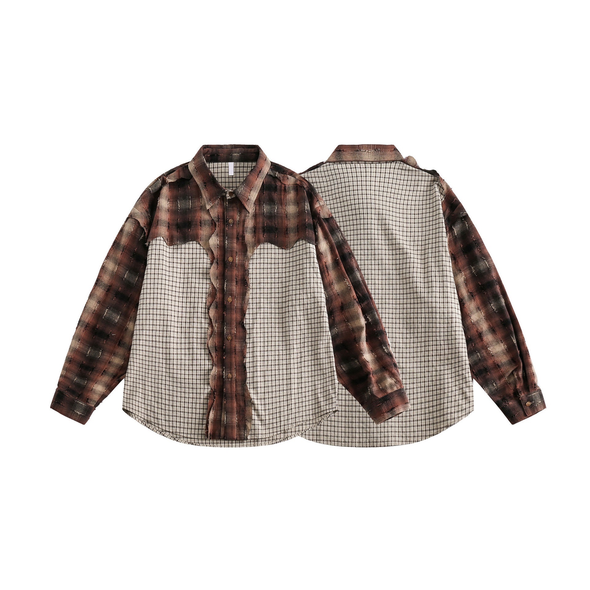 GorgeousBen  Unisex 2024 Spring new color-blocked, frayed edge, patchwork lapel shirt for men, retro loose top.