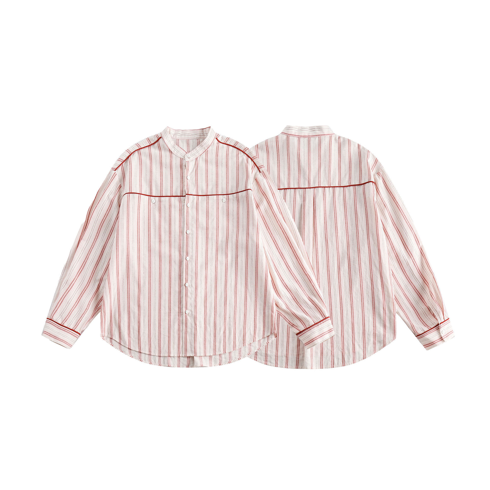 GorgeousBen   Unisex 2024 new  pink vertical striped long-sleeved shirt for men, loose-fitting versatile couple's shirt jacket for spring.