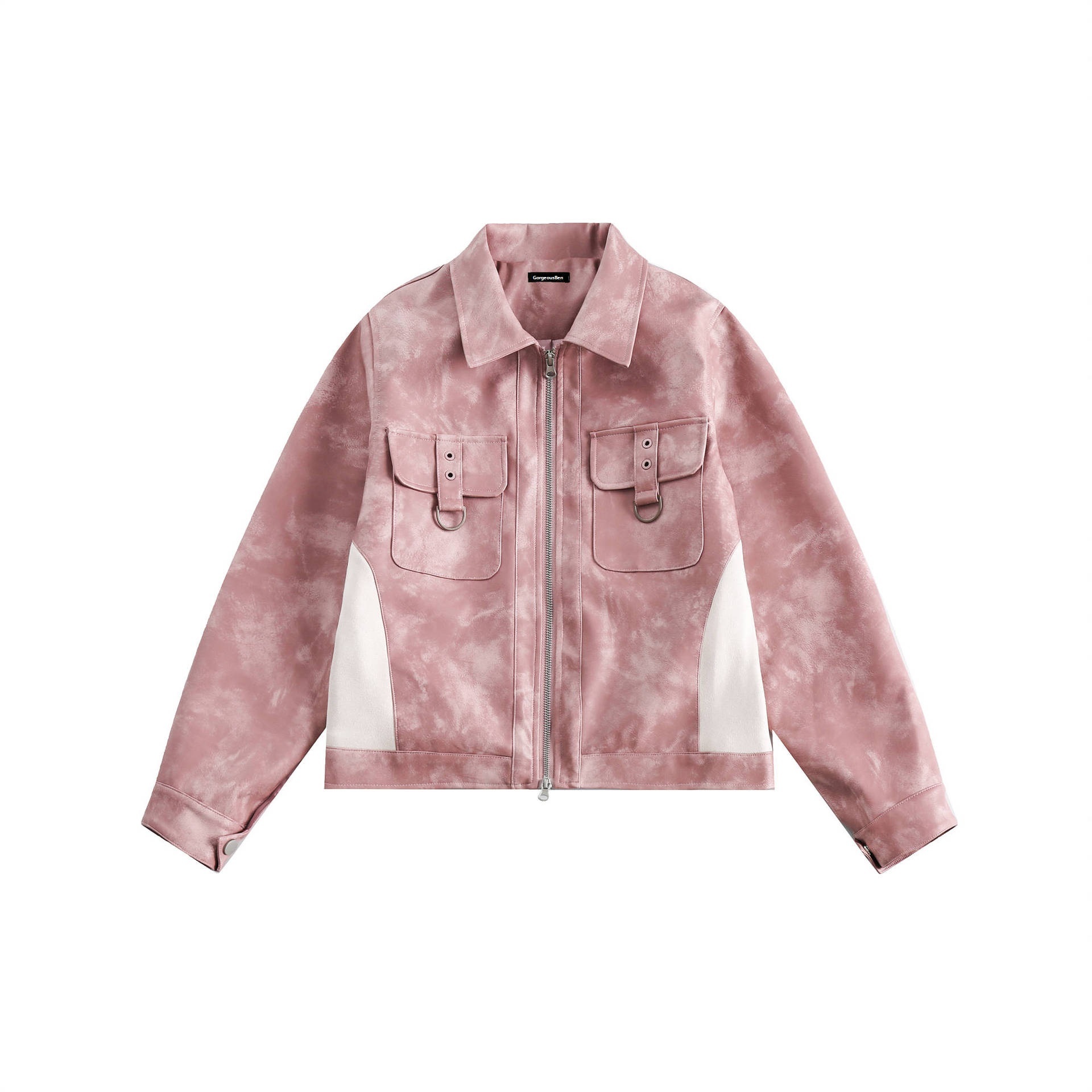 GorgeousBen   Women's 2024 new American retro pink PU leather spliced short jacket for women, with a spicy girl style, loose fit, trendy and versatile.
