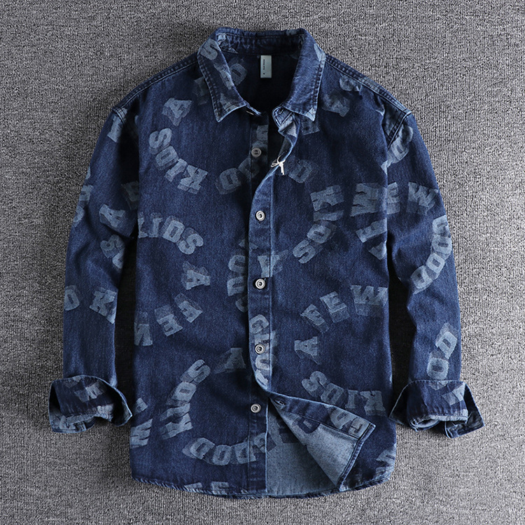 GrogeousBen  Men's  Casual retro printed letter denim shirt, fashionable and loose versatile youth shirt.