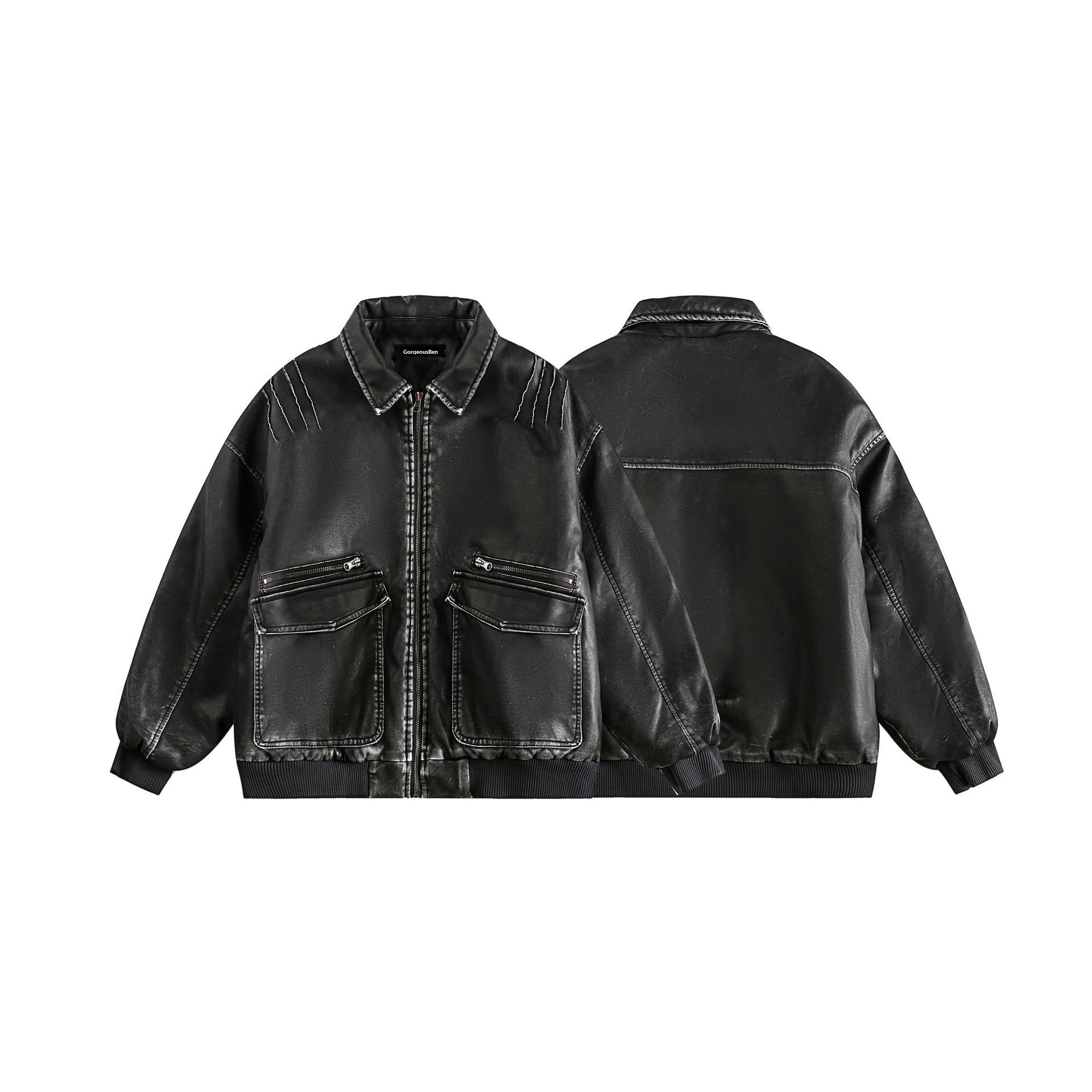 GrogeousBen  Unisex  Winter dark black retro old leather jacket cotton jacket men loose wild the trend long sleeve jacket