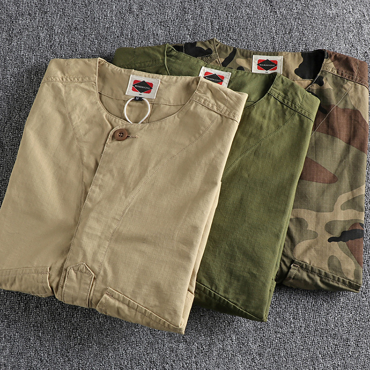 GorgeousBen  Men's American style camouflage workwear collarless shirt for men with long sleeves.