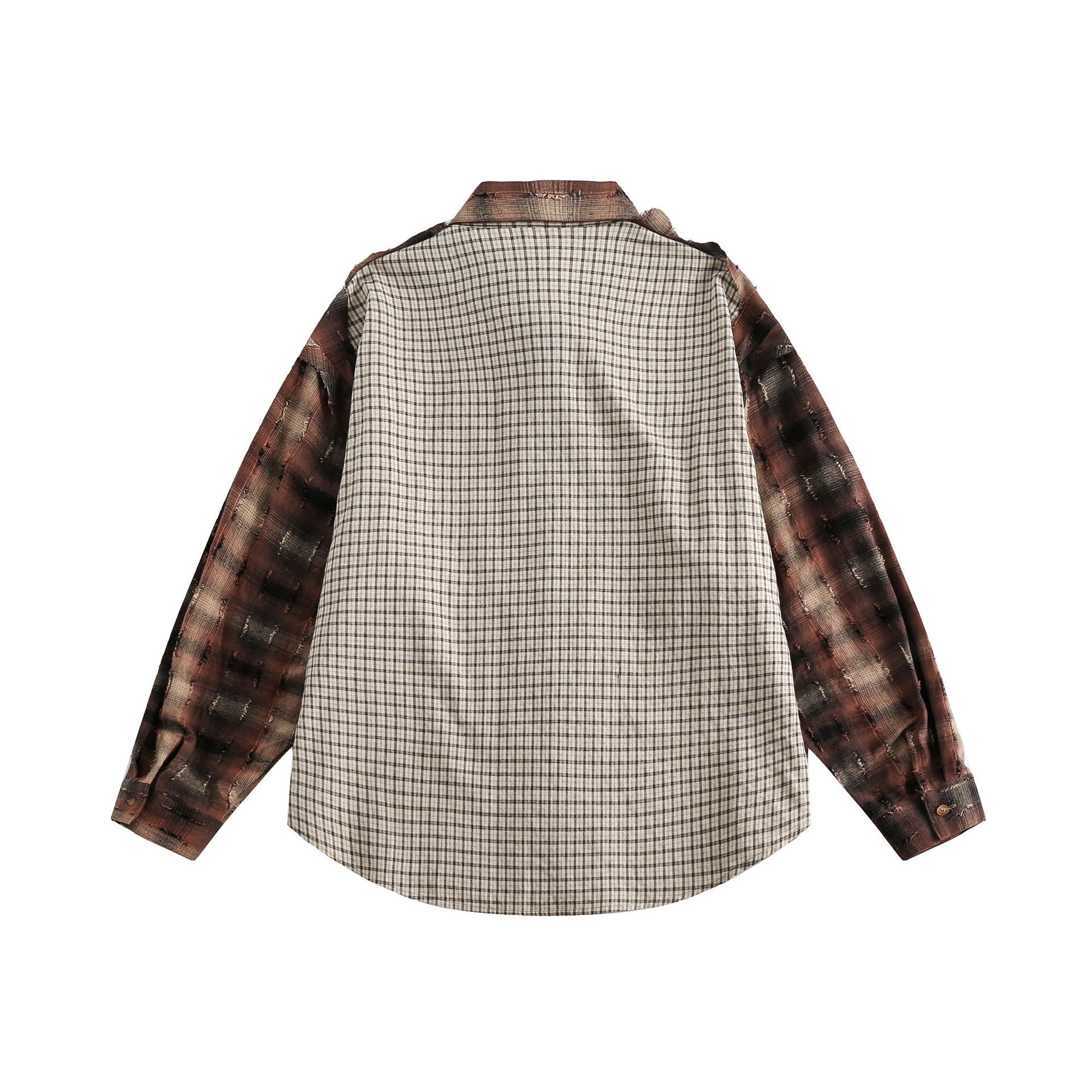 GorgeousBen  Unisex 2024 Spring new color-blocked, frayed edge, patchwork lapel shirt for men, retro loose top.