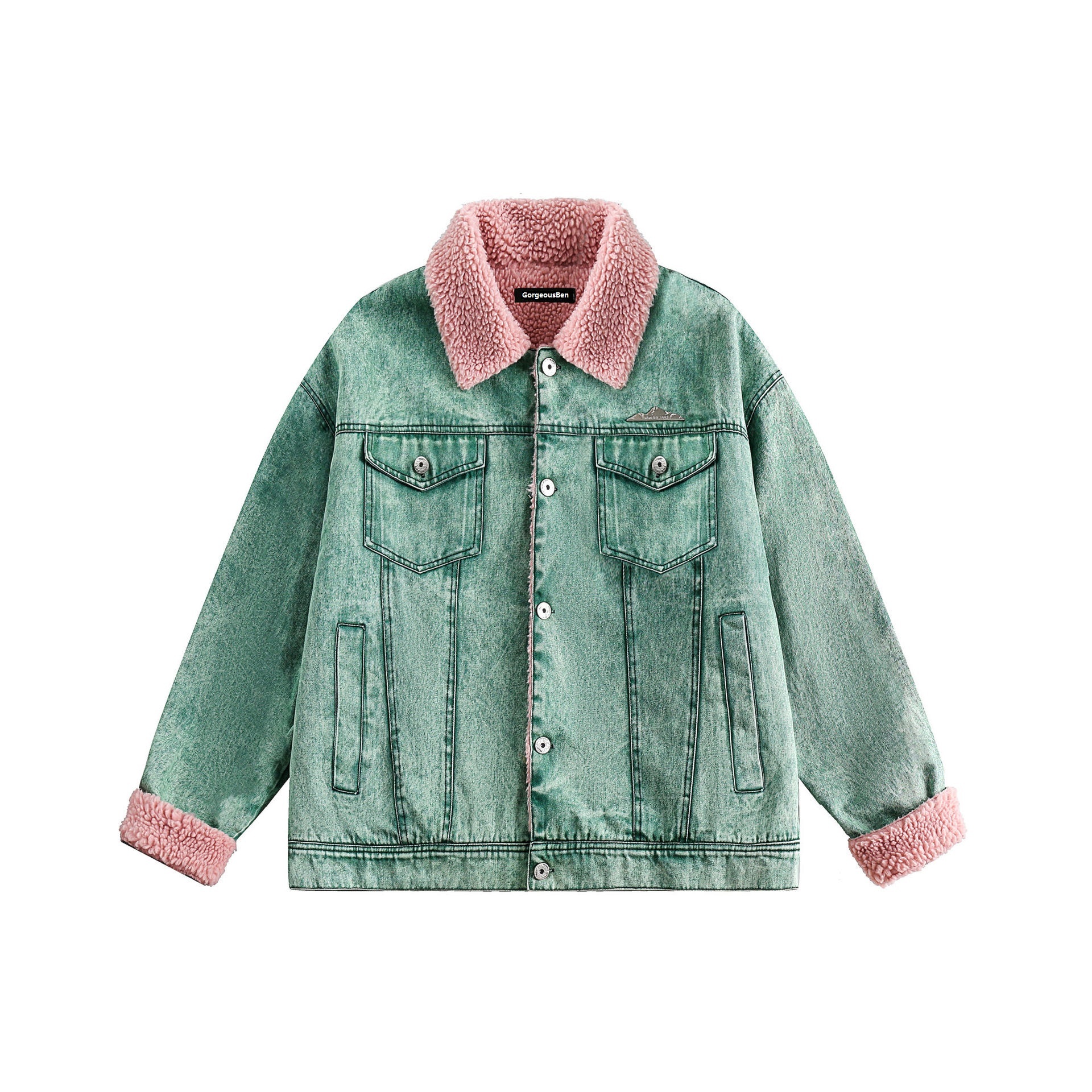 GrogeousBen  Unisex Winter American retro distressed lamb wool warm denim cotton jacket men's trendy loose versatile thick coat.