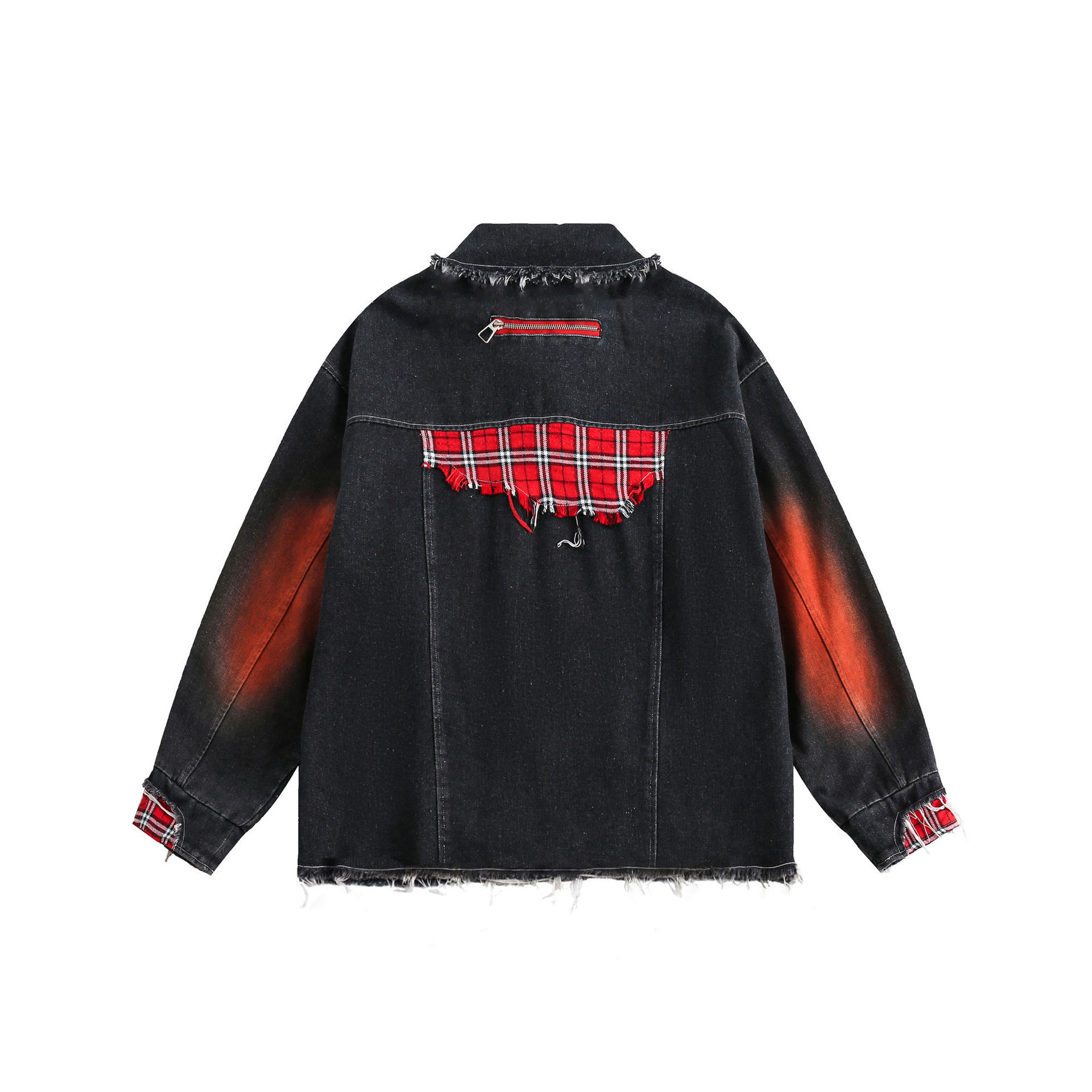 GorgeousBen  Unisex 2024 Spring New Patchwork Tassel Contrast Plaid Denim Jacket Men's Water Washed Vintage Couple Top