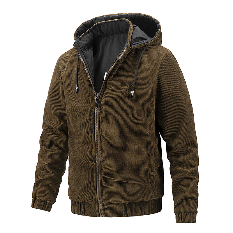 GrogeousBen  Men's Autumn and Winter Men's Slim Fit Thin Cotton Hooded Corduroy Plush Double Sided Coat  Fashion Youth Top