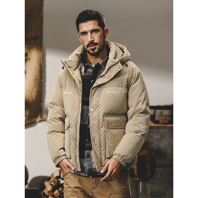 GorgeousBen  Men's down jacket with hood, short and loose style, trendy and thickened workwear outerwear for winter.