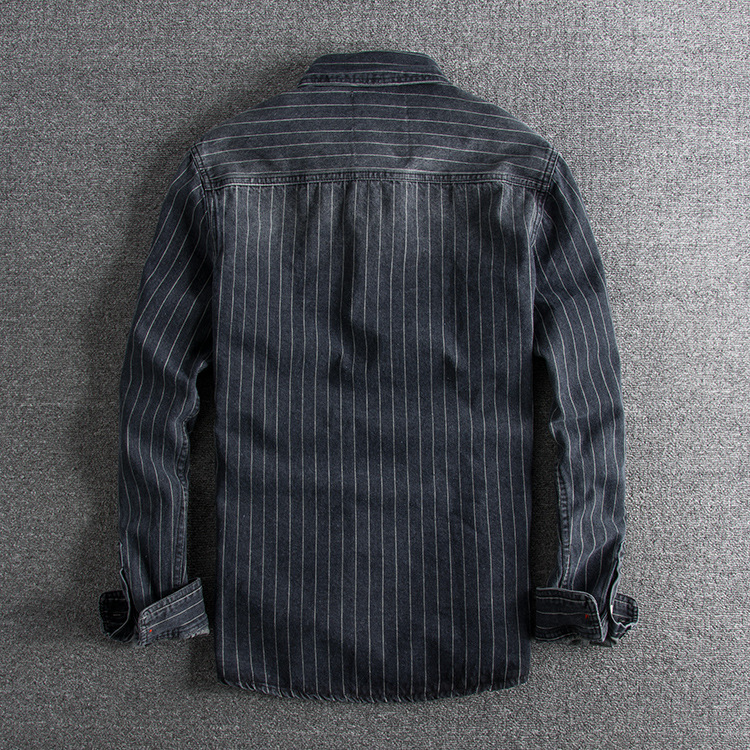 GorgeousBen  Men's Autumn and winter thick British retro distressed striped tide models single men's long-sleeved shirt.
