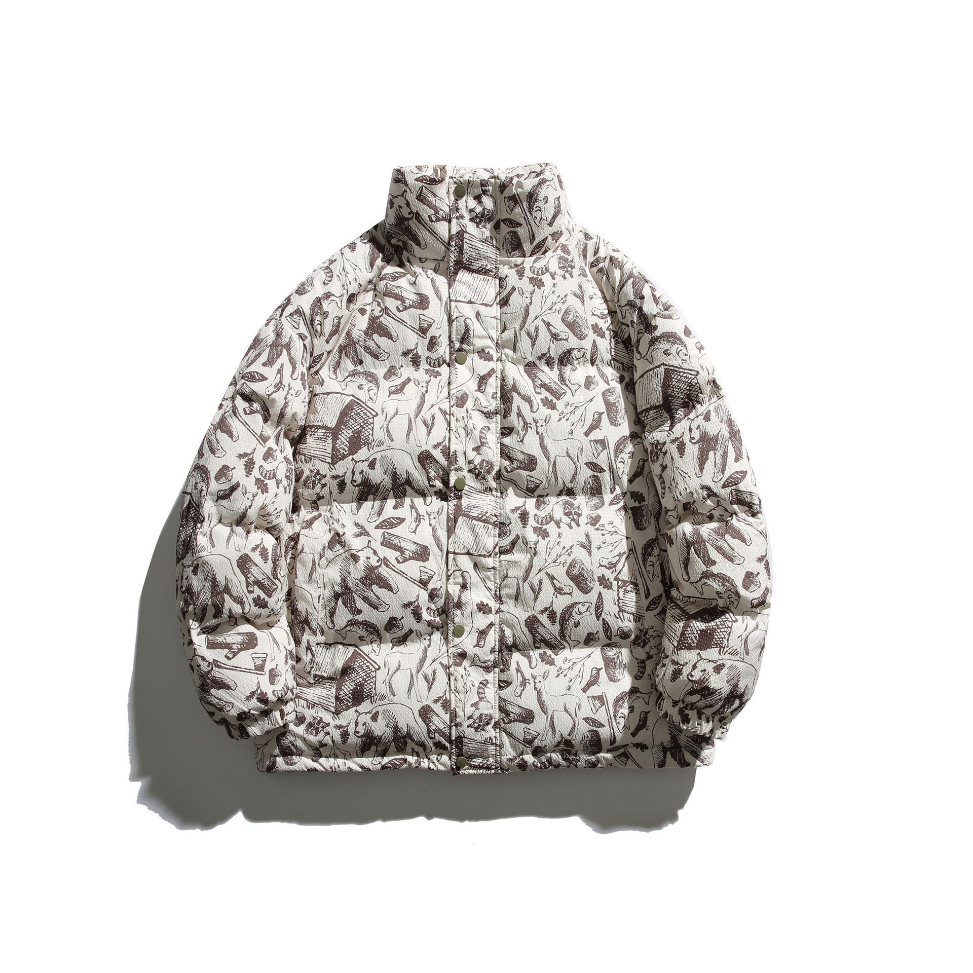 GorgeousBen  Unisex American high-street style winter cotton jacket with all-over print design and a stand-up collar, featuring a unique and trendy look.