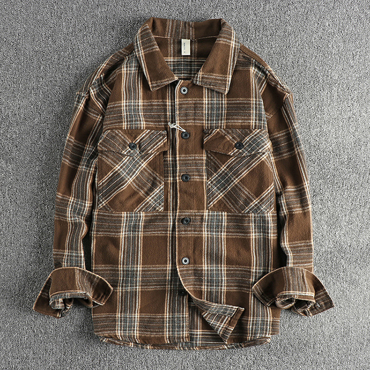 GrogeousBen  Men's Winter new American retro trend thickened plaid long-sleeved shirt for men, with workwear pocket design, casual outerwear.