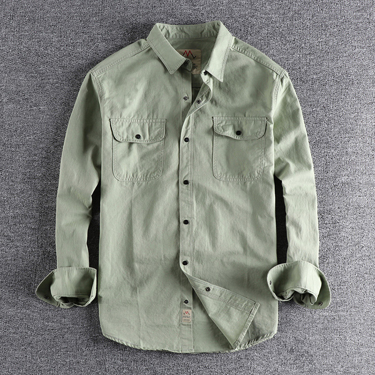GorgeousBen  Men's American-style work shirt, double pocket shirt,  tough guy military green wind casual retro shirt.
