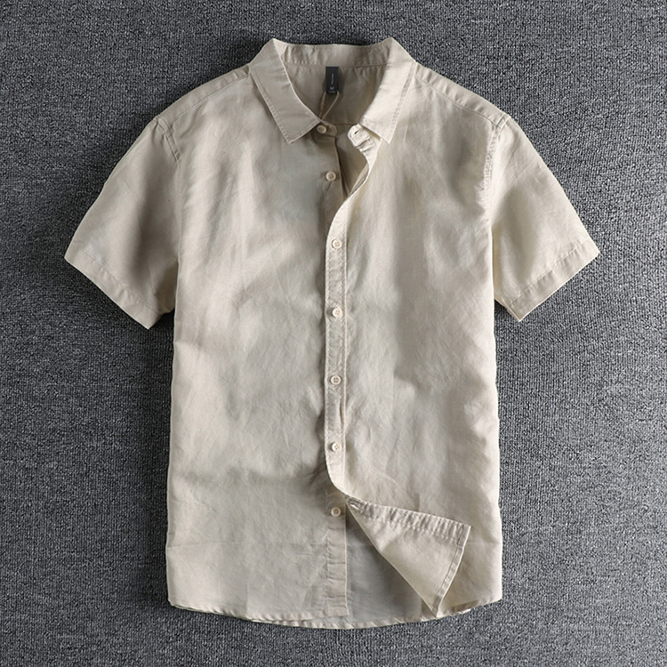 GrogeousBen  Men's Fresh retro solid color linen cotton short-sleeved shirt men's daily versatile washed comfortable shirt.