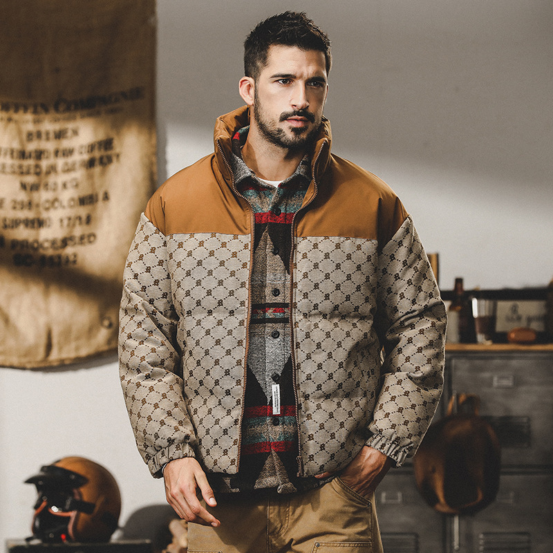 GorgeousBen  Men's American-style jacquard plaid down jacket for men in winter, loose and trendy with contrasting colors and high-end feel, thickened coat.