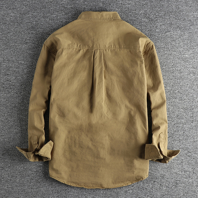 GorgeousBen  Men's 3D pocket design, simple and retro workwear long-sleeved shirt Solid color trendy casual youth shirt.