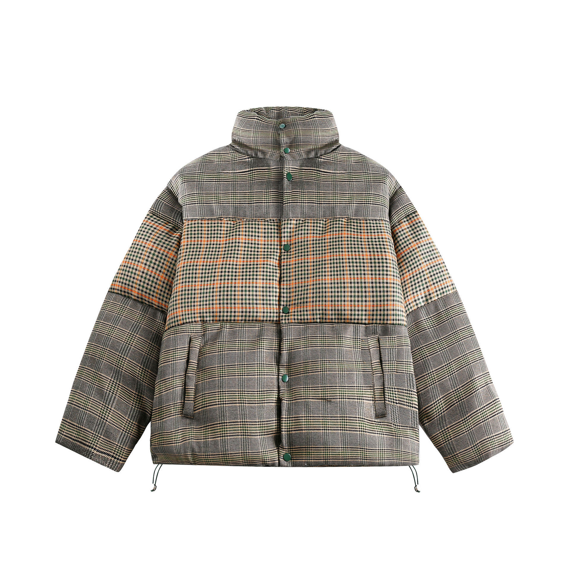 GorgeousBen  Unisex trendy stand-collar thickened cotton jacket with grid pattern, suitable for winter wear. Loose fit and workwear style.