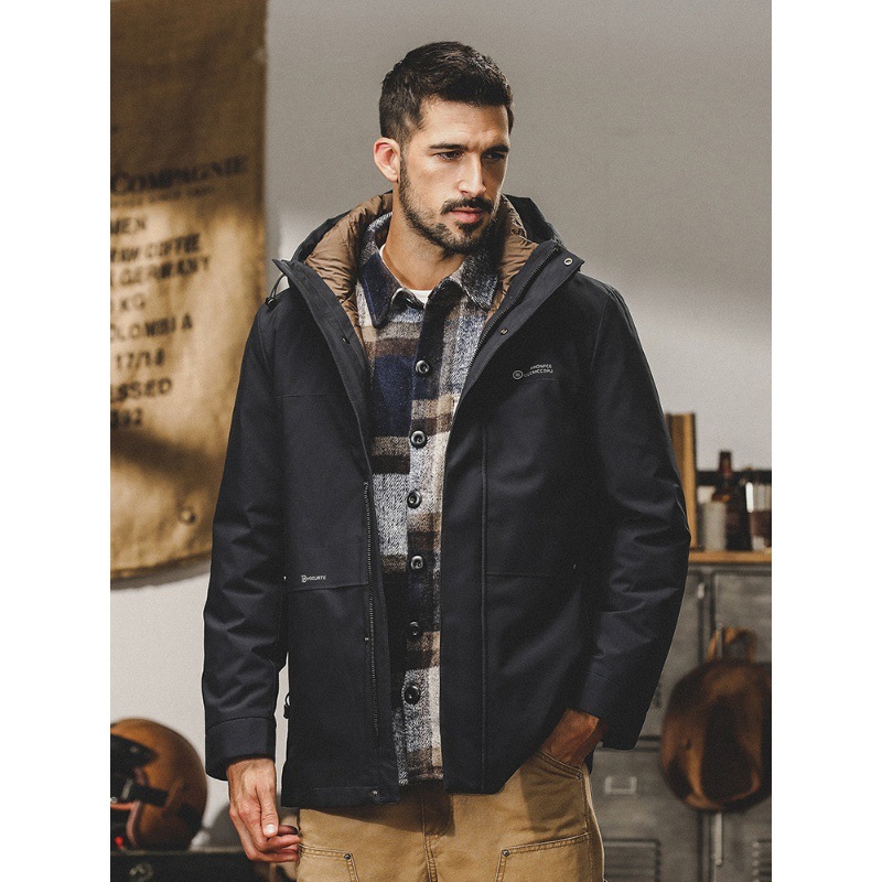 GrogeousBen  Men's Three-in-one windbreaker jacket for men, autumn and winter American-style outdoor hooded down jacket with detachable inner liner, men's down jacket.