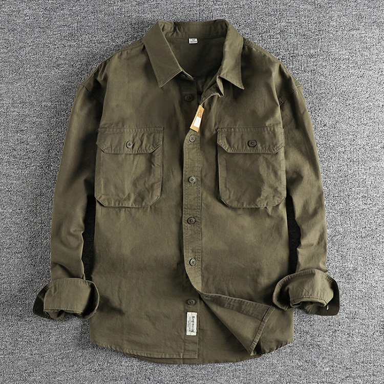 GorgeousBen  Men's 3D pocket design, simple and retro workwear long-sleeved shirt Solid color trendy casual youth shirt.