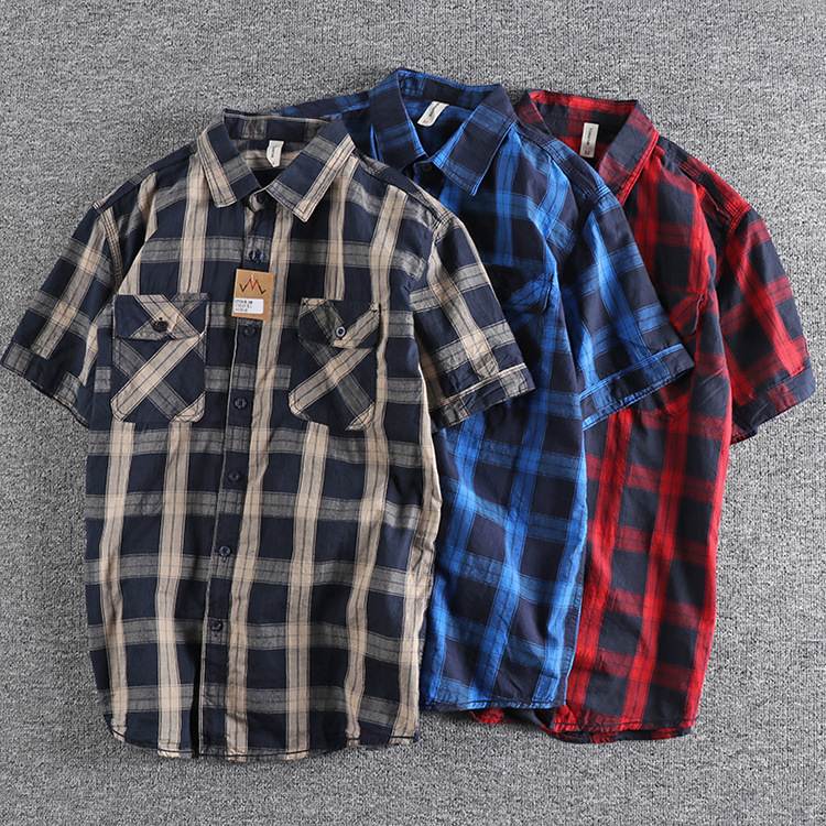 GorgeousBen  Men's Summer new classic American retro short-sleeved shirt for men, thin and comfortable plaid casual shirt.