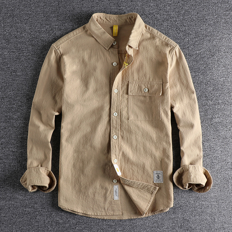 GorgeousBen  Men's Retro washed texture long-sleeved shirt for men, loose and versatile solid color simple pocket youth shirt.