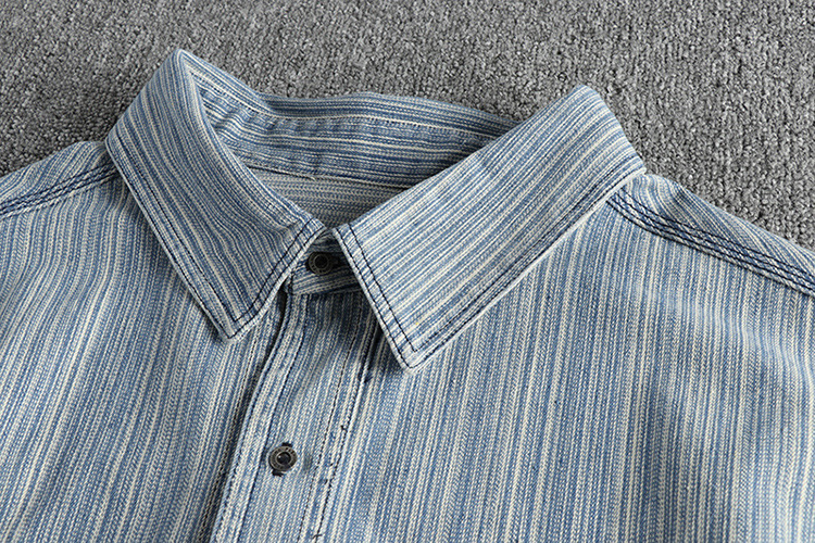 GorgeousBen  Men's Color-woven striped woven fabric, water-washed and distressed long-sleeved shirt for men, retro and trendy literary and casual thin shirt.