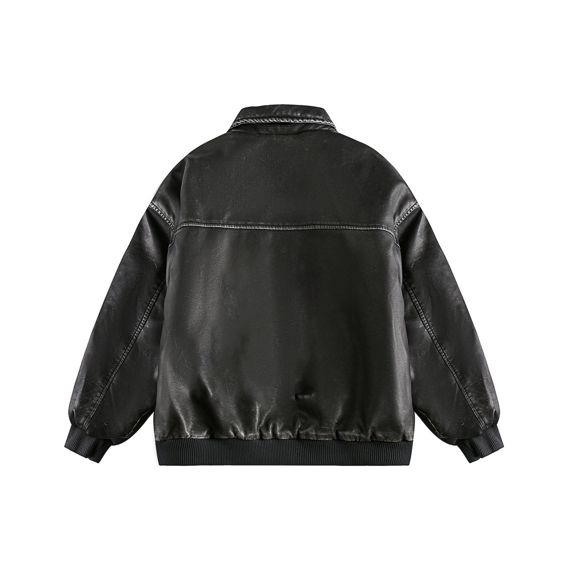 GrogeousBen  Unisex  Winter dark black retro old leather jacket cotton jacket men loose wild the trend long sleeve jacket