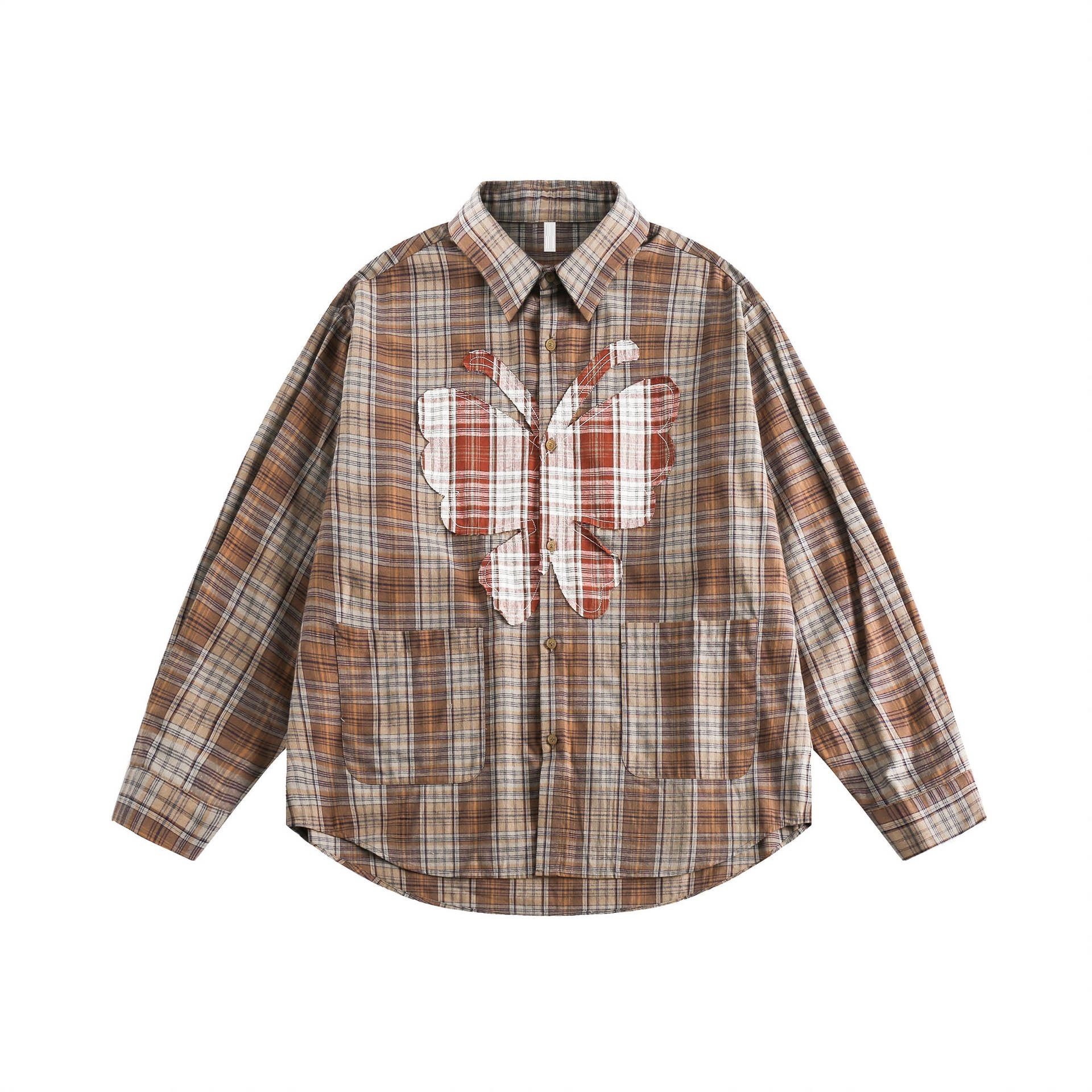 GorgeousBen  Unisex 2024 new retro American style butterfly patch plaid long sleeve shirt for men and women, loose fit casual couple's spring shirt.