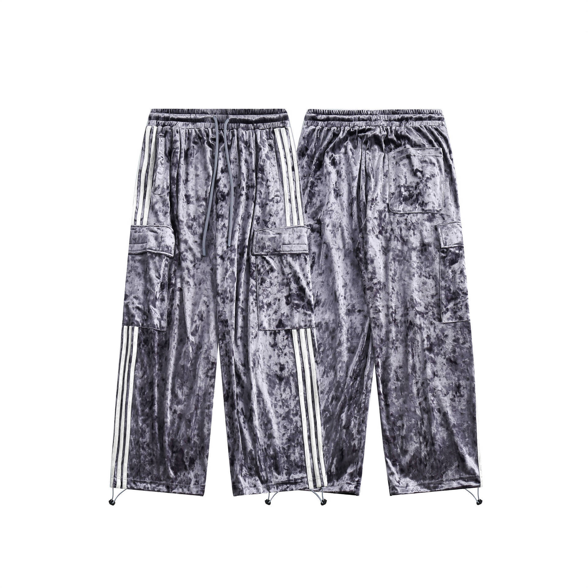 GorgeousBen  Unisex 2024 new American retro three-bar velvet sweatpants for men, trendy brand with large pockets, hanging wide-leg casual trousers.