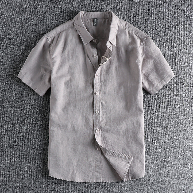 GrogeousBen  Men's Fresh retro solid color linen cotton short-sleeved shirt men's daily versatile washed comfortable shirt.