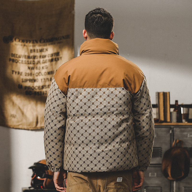 GorgeousBen  Men's American-style jacquard plaid down jacket for men in winter, loose and trendy with contrasting colors and high-end feel, thickened coat.