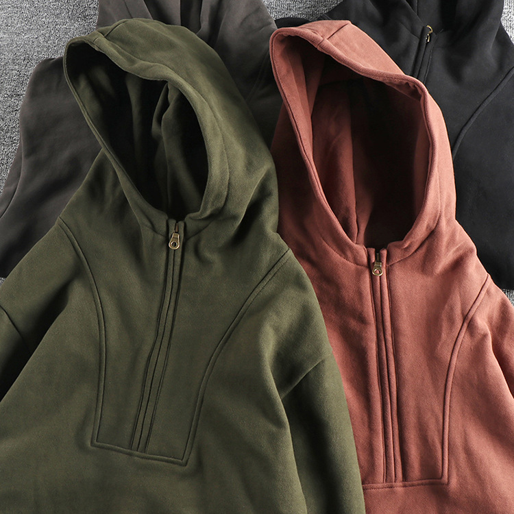 GorgeousBen  Men's Heavyweight high-gram thickened half-open collar hooded sweatshirt for men, keeping warm and stylish in autumn and winter with a retro look.