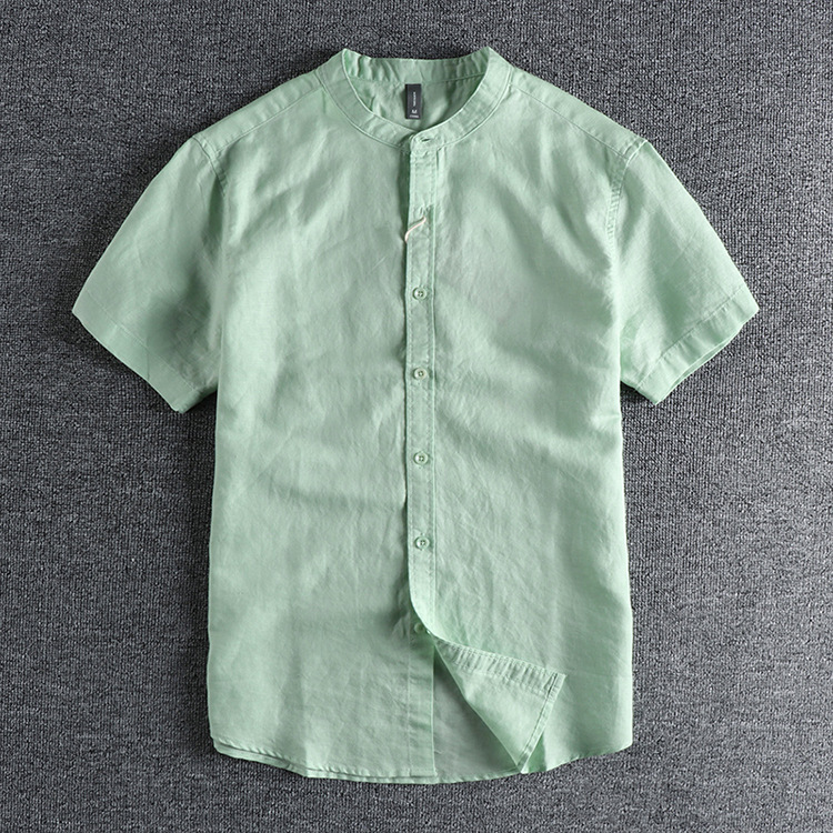GorgeousBen  Men's Comfortable cotton fabric summer solid color retro trendy small stand collar short-sleeved shirt.