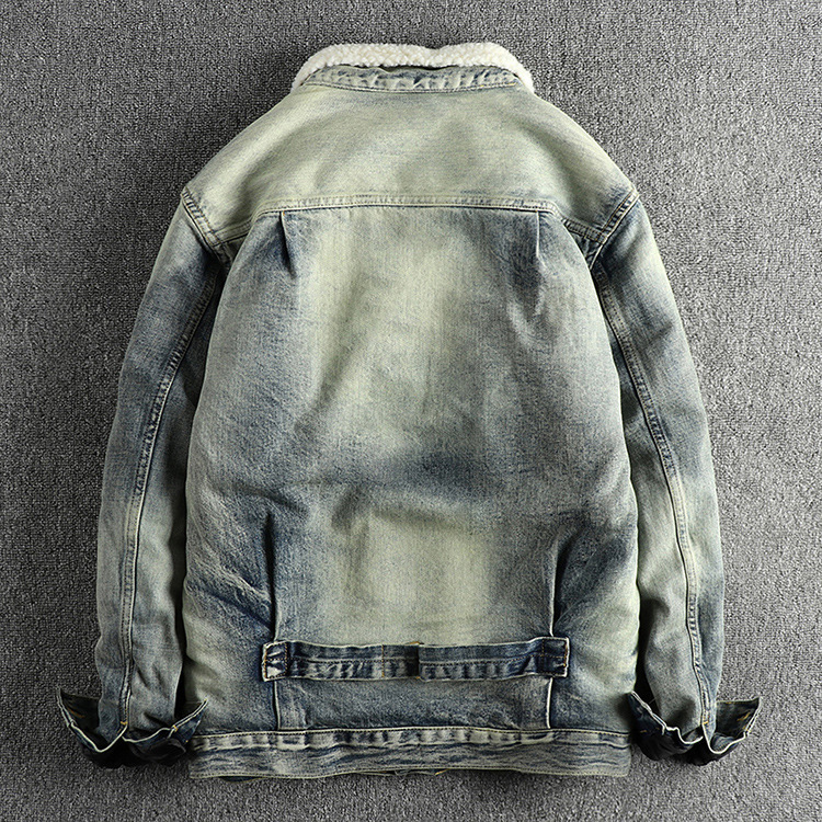 GrogeousBen  Men's Heavyweight distressed paint retro button denim jacket for men, with added fleece for warmth and a casual American style.