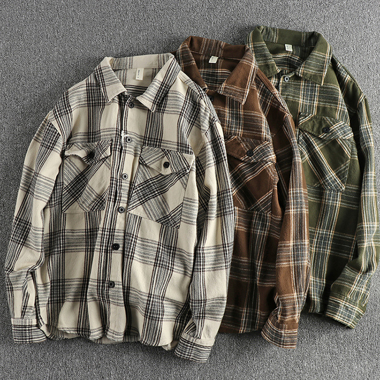 GrogeousBen  Men's Winter new American retro trend thickened plaid long-sleeved shirt for men, with workwear pocket design, casual outerwear.