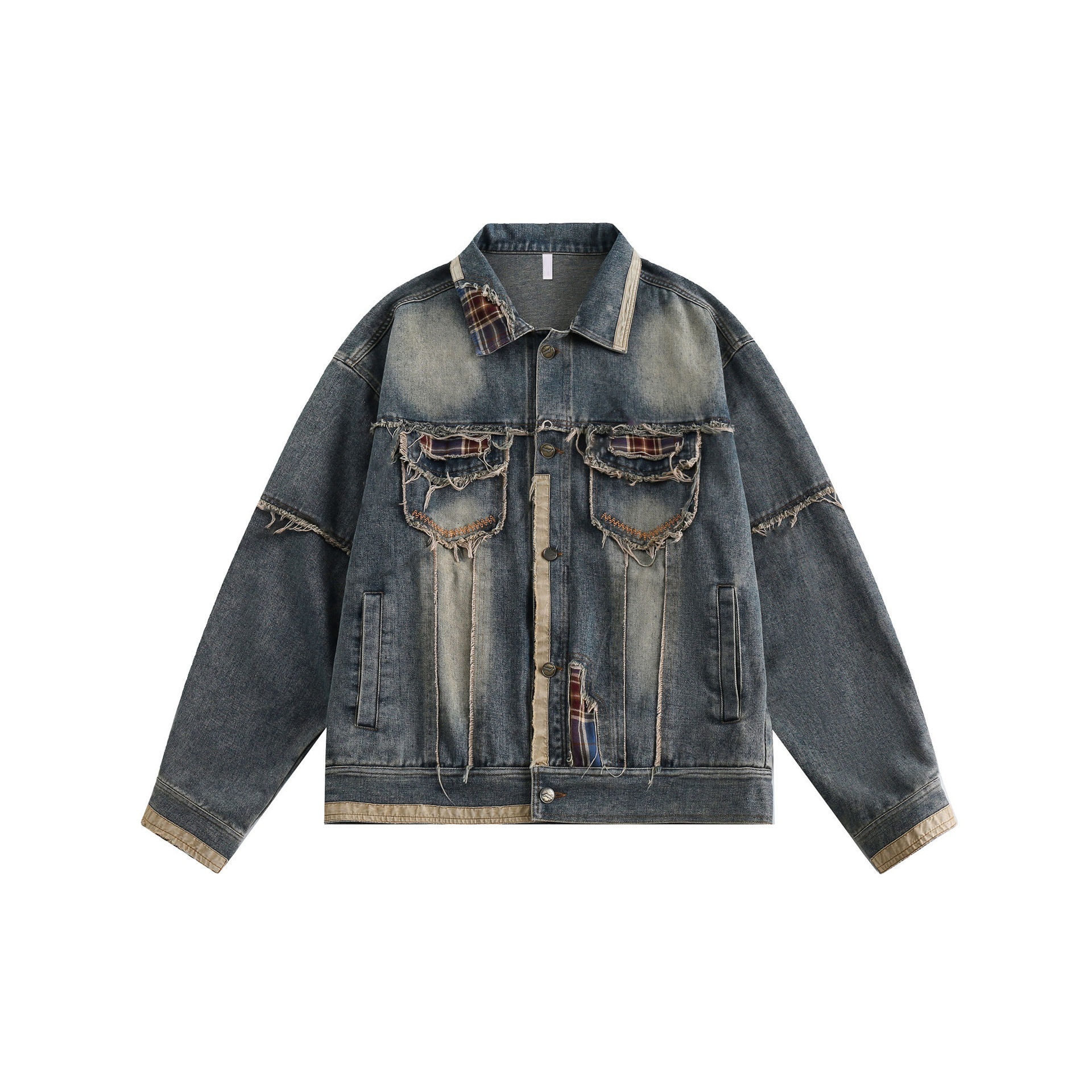 GorgeousBen  Unisex 2024 spring new denim jacket for men and women, trendy loose-fitting patchwork distressed water washed national couple jacket.