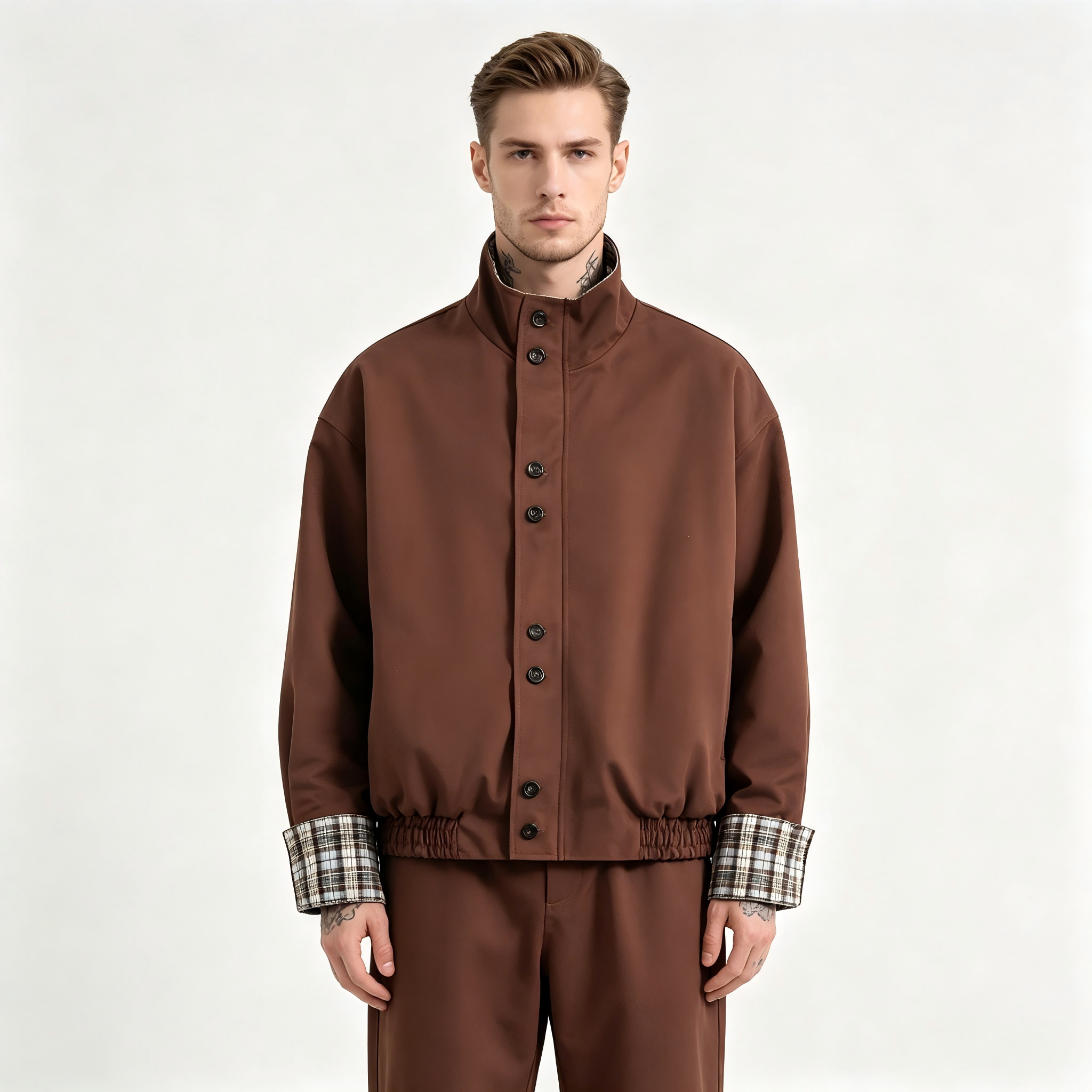 GrogeousBen   Unisex 2024 new  retro double-sided plaid jacket for men, trendy brand design with a sense of MIRADER stand-up collar work jacket.