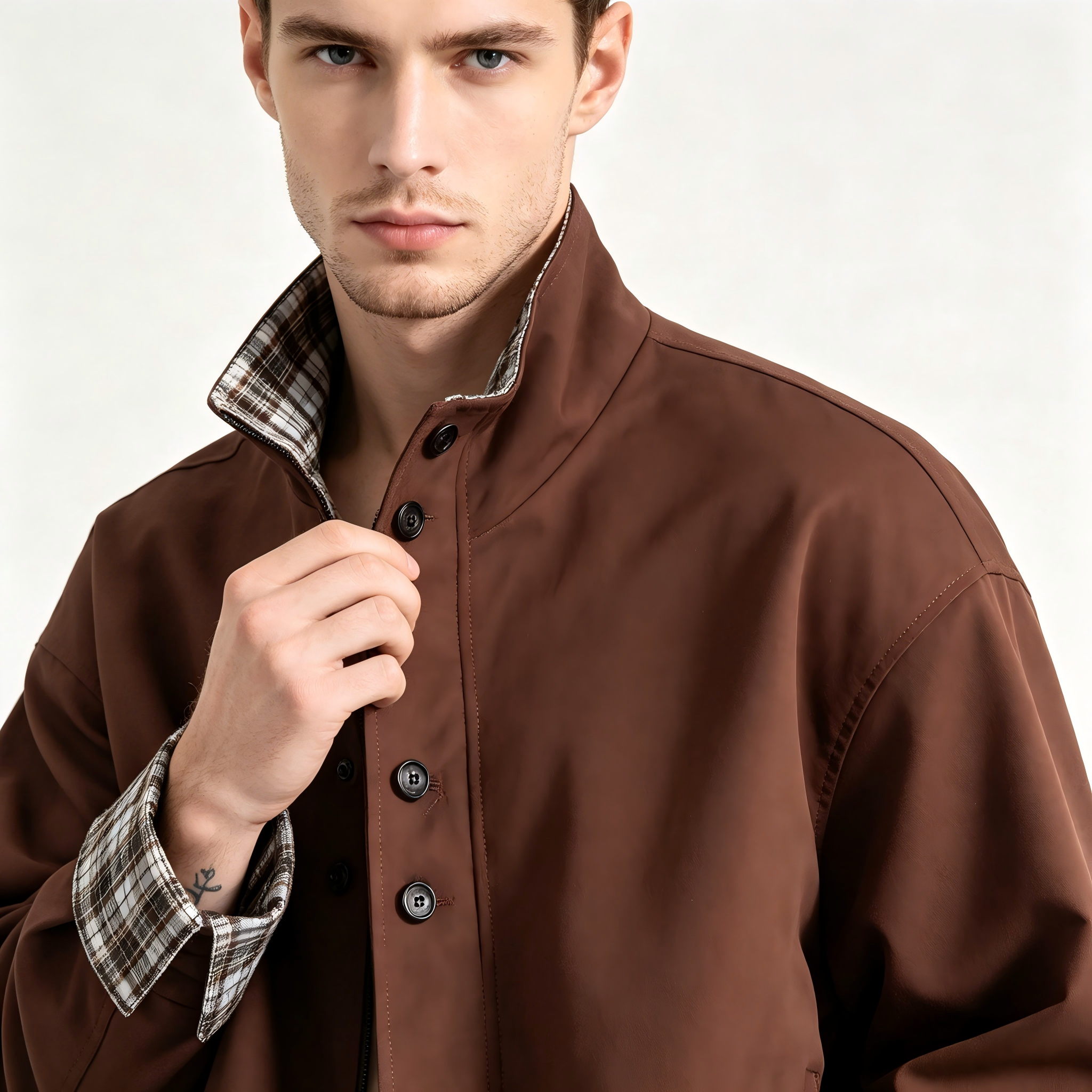 GrogeousBen   Unisex 2024 new  retro double-sided plaid jacket for men, trendy brand design with a sense of MIRADER stand-up collar work jacket.