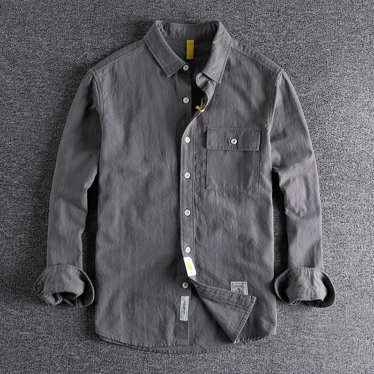 GorgeousBen  Men's Retro washed texture long-sleeved shirt for men, loose and versatile solid color simple pocket youth shirt.