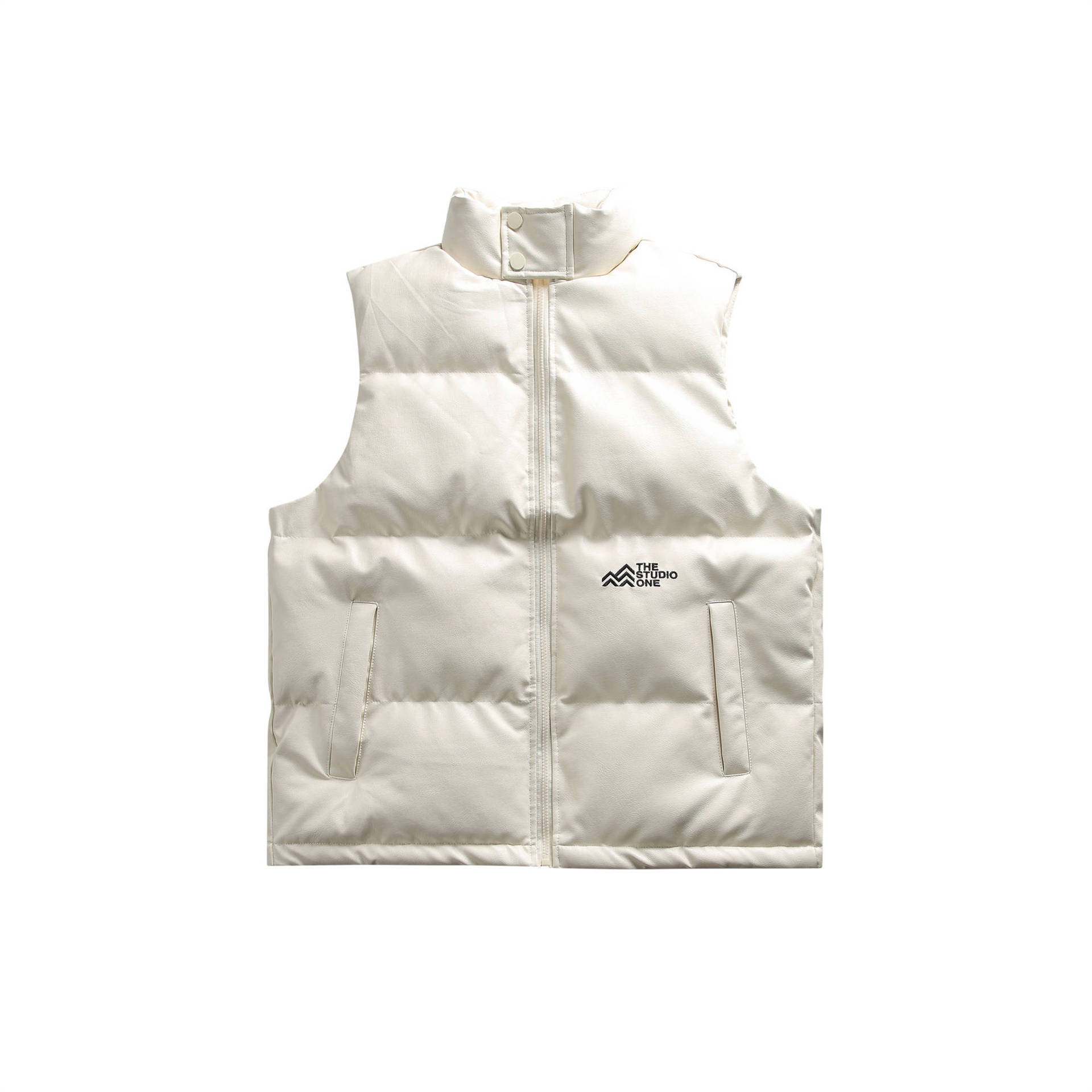 GorgeousBen  Unisex Thickened cotton vest with stand collar for autumn and winter embroidered PU leather vest, loose and warm outerwear.
