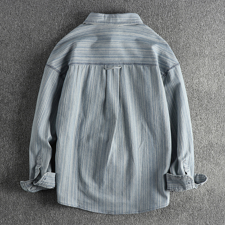 GorgeousBen  Men's Color-woven striped woven fabric, water-washed and distressed long-sleeved shirt for men, retro and trendy literary and casual thin shirt.