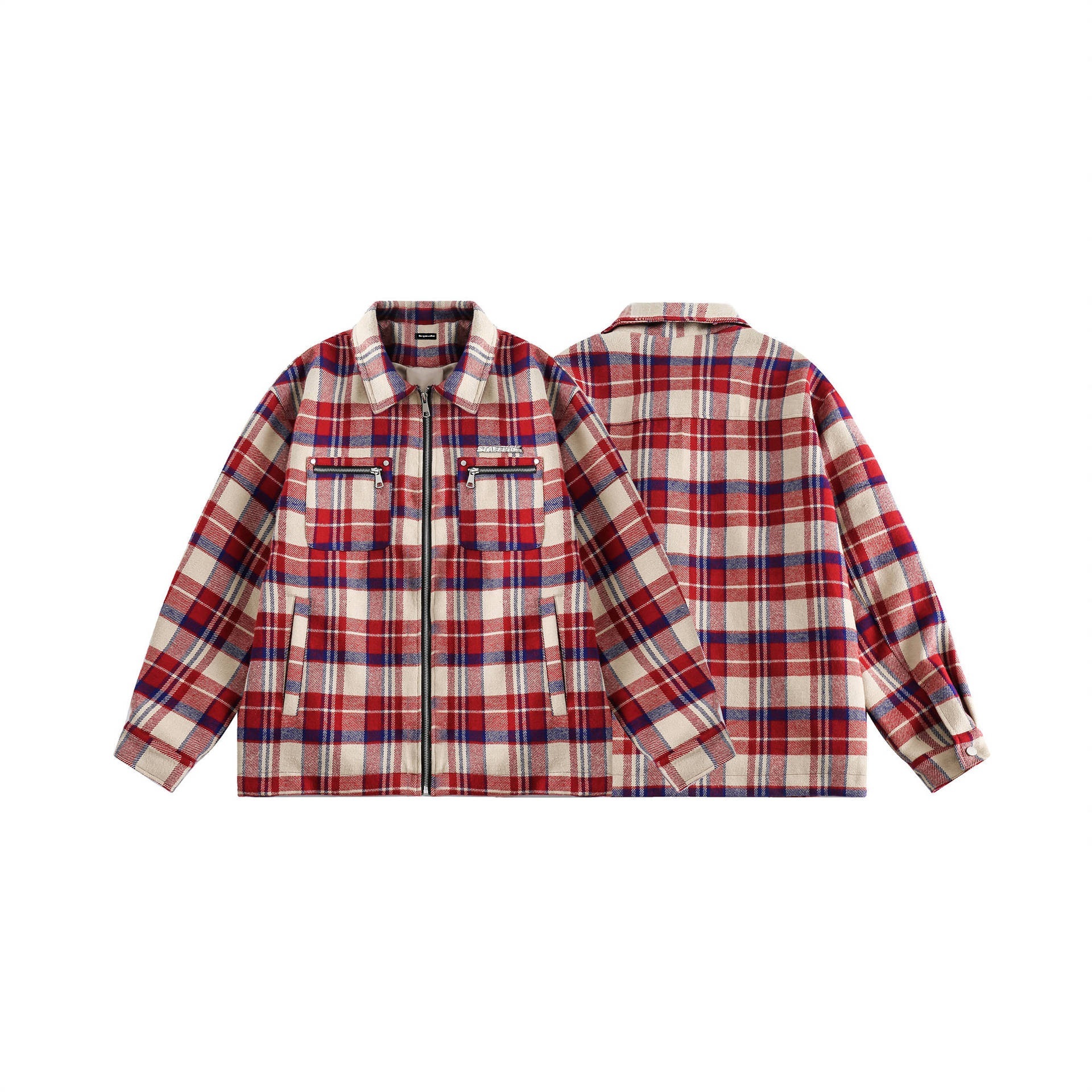GorgeousBen   Unisex 2024 new American retro plaid red workwear long-sleeved jacket for men and women, loose and versatile couple's outerwear for spring.