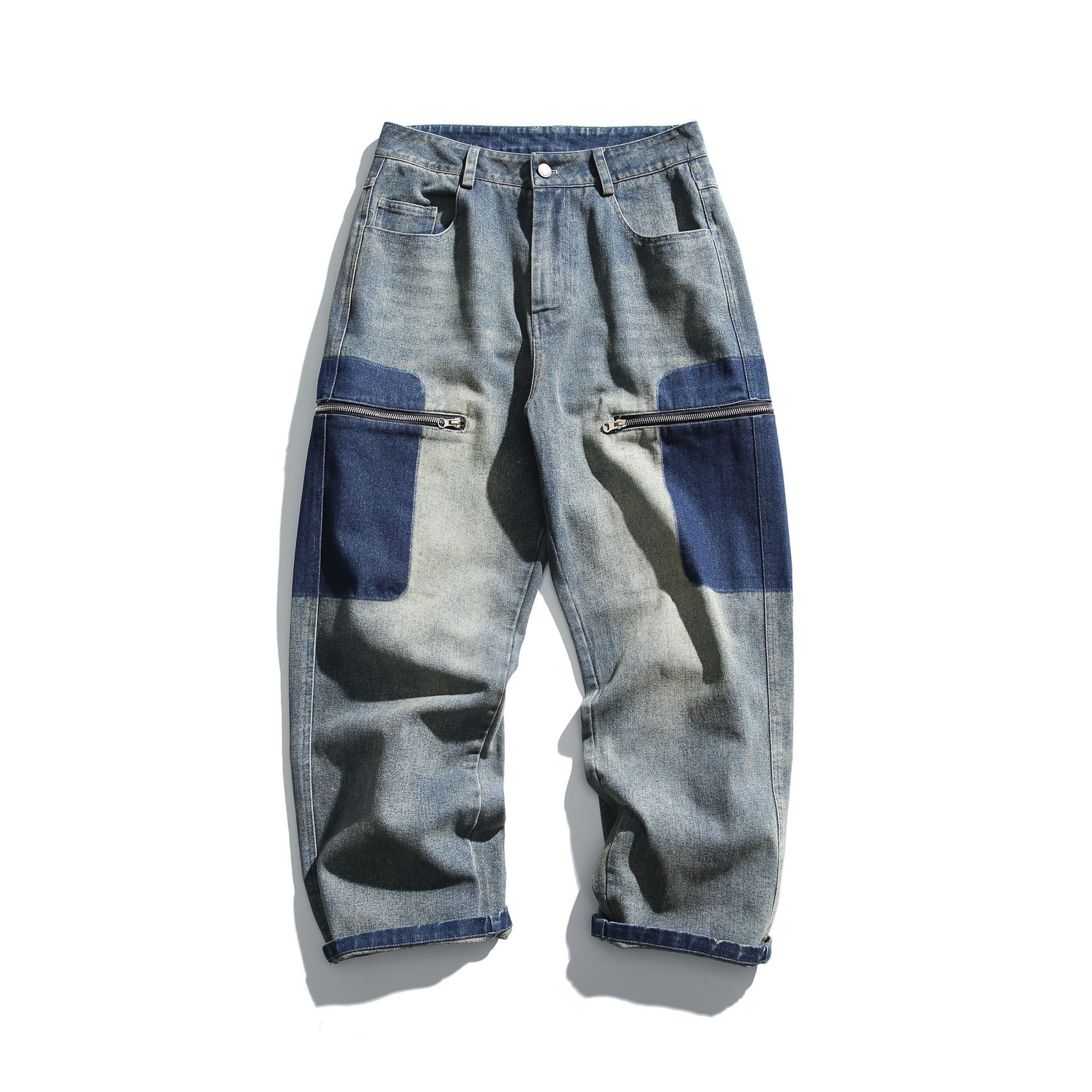 GorgeousBen   Unisex American retro color-blocked pocket functional workwear jeans for men, trendy spring new loose straight-leg casual pants.