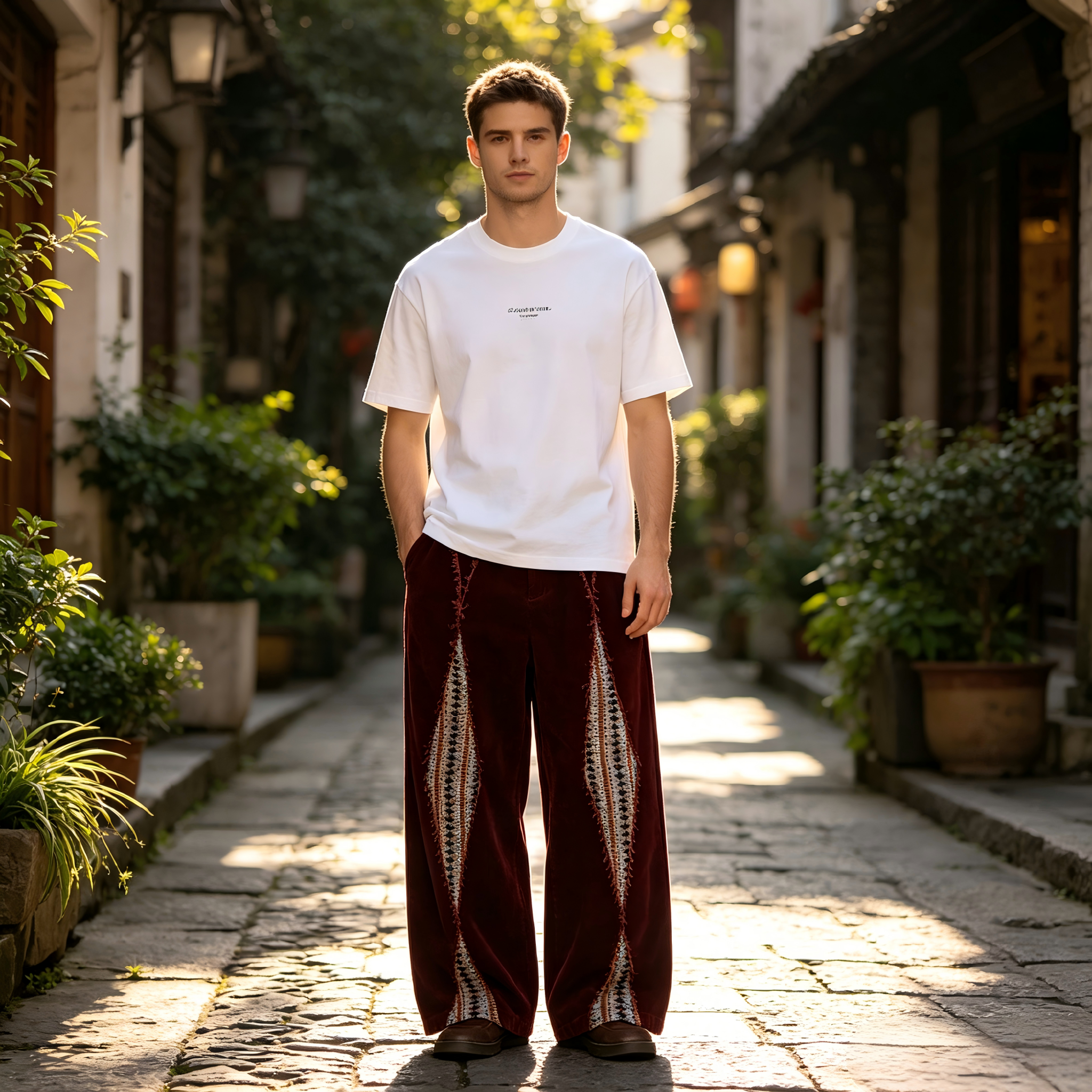 GorgeousBen   Unisex 2024 new retro diamond-shaped spliced corduroy pants for men, trendy brand design with a sense of drape and wide-leg casual pants.