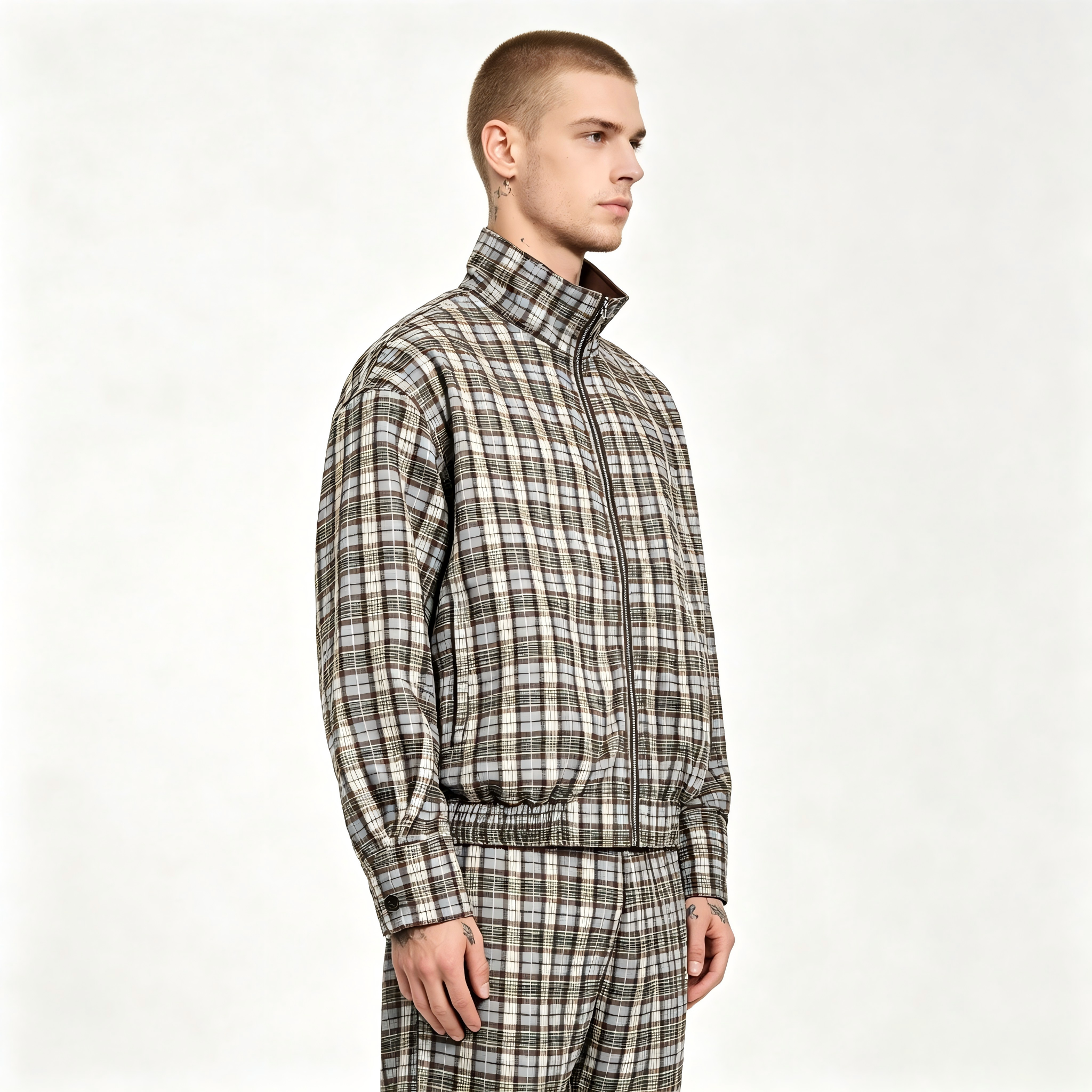 GrogeousBen   Unisex 2024 new  retro double-sided plaid jacket for men, trendy brand design with a sense of MIRADER stand-up collar work jacket.