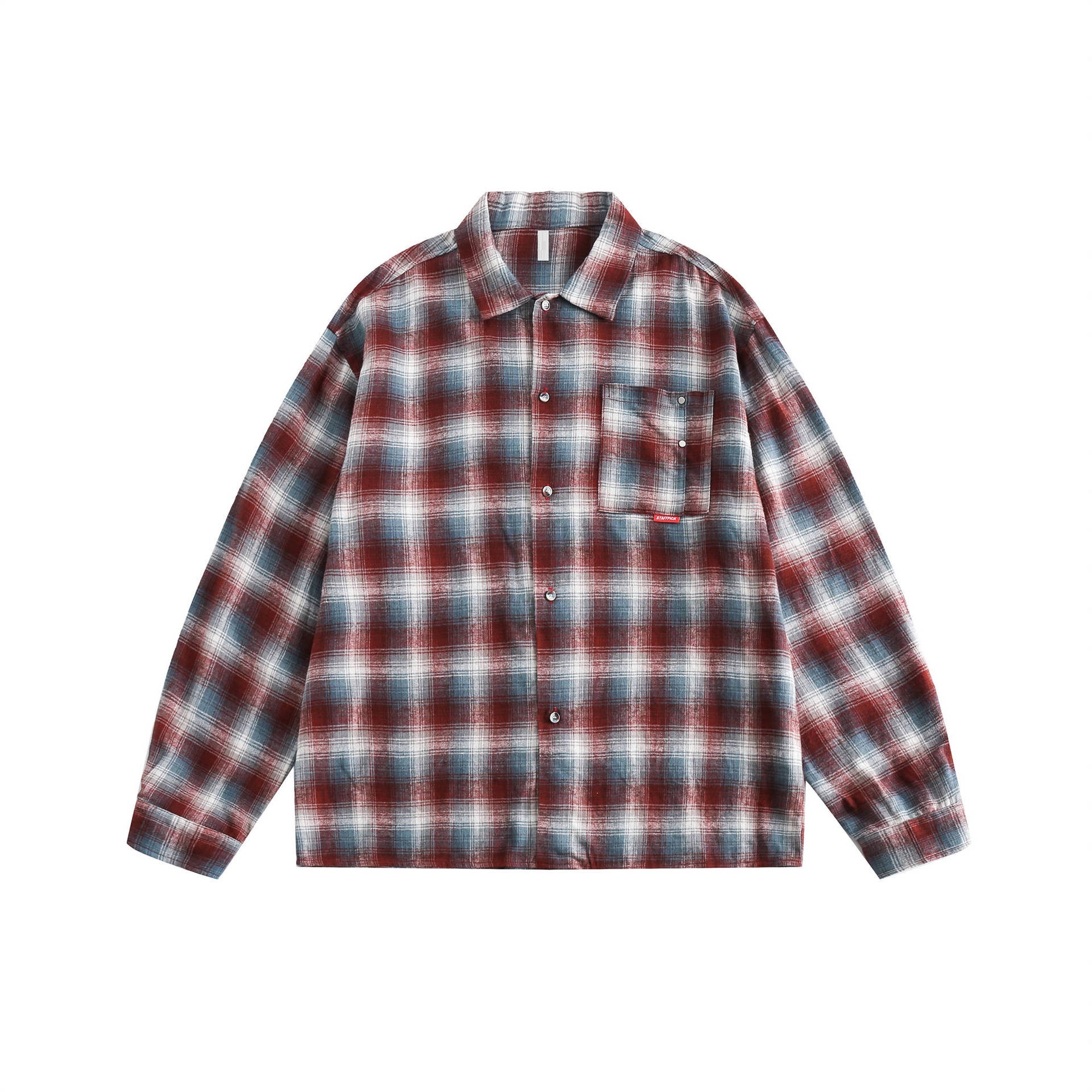 GorgeousBen  Unisex 2024 new retro red brushed plaid long-sleeved shirt for men and women, loose spring casual couple shirt outerwear.