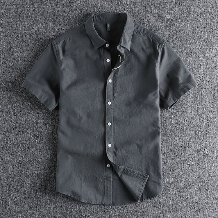 GorgeousBen  Men's Retro trend water-washed textured cotton short-sleeved shirt for men, classic and versatile solid color daily loose youth shirt.