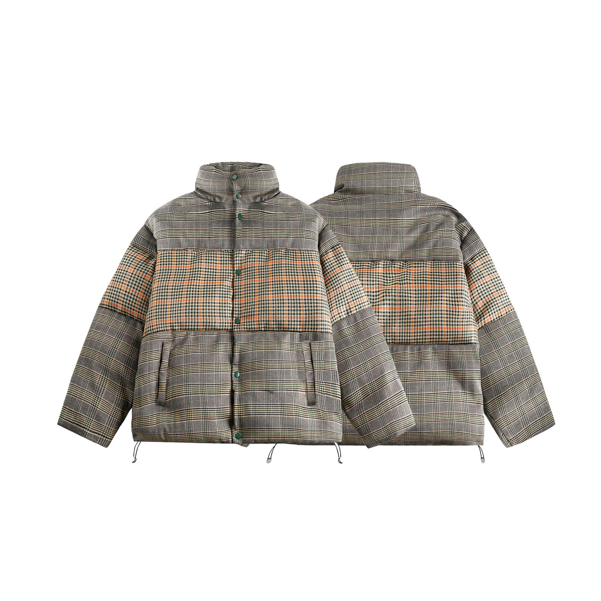 GorgeousBen  Unisex trendy stand-collar thickened cotton jacket with grid pattern, suitable for winter wear. Loose fit and workwear style.